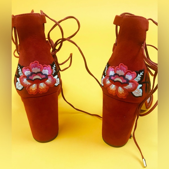 Red Kate Spade Oasis Lace Up Floral Embroidered Suede Heels - Picture 6 of 11